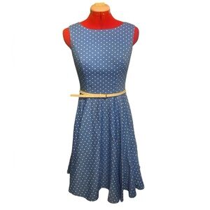Retro Blue & White Polka Dot Fit & Flare Swing Dress